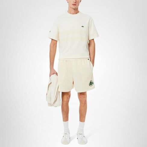 Lacoste Men's Relaxed Fit Tennis Graphic Shorts, Off White, Large in Saudi Arabia