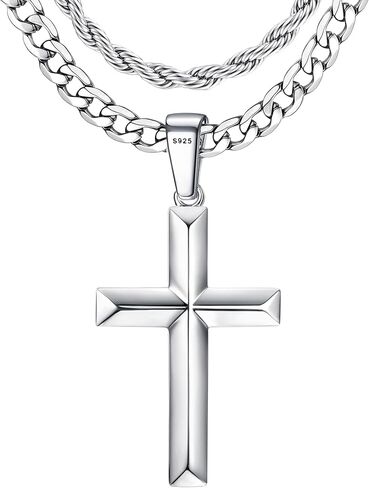 925 Sterling Silver Cross Necklace for Men Women - Stainless Steel Diamond Cut Cuban Link Rope Chain Layered Cross Pendant Necklaces Jewelry 14-30 Inches in Saudi Arabia