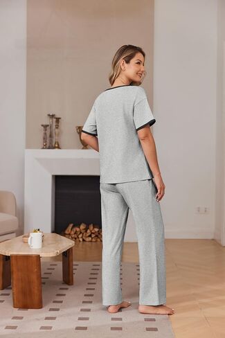 Ekouaer 100% Cotton Pajama for Women Short Sleeve Pj Top With Long Pants 2 Piece Lounge Set with Pocket in Saudi Arabia