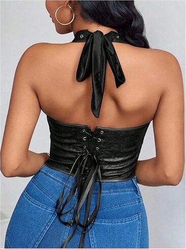 Verdusa Women's Sexy PU Leather Halter Tops Backless Lace Up Sleeveless Crop Going Out Tops Clubwear in Kuwait