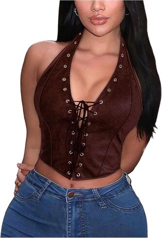 Verdusa Women's Sexy PU Leather Halter Tops Backless Lace Up Sleeveless Crop Going Out Tops Clubwear in Kuwait