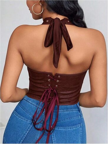 Verdusa Women's Sexy PU Leather Halter Tops Backless Lace Up Sleeveless Crop Going Out Tops Clubwear in Kuwait