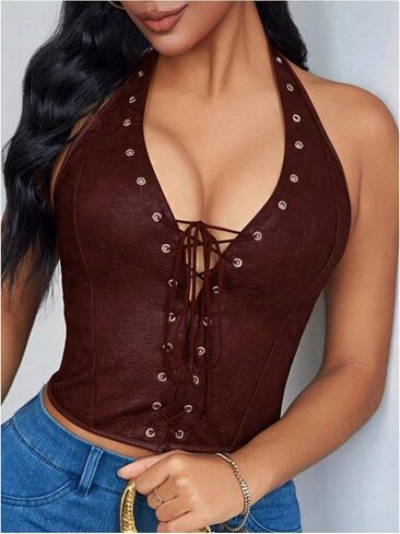Verdusa Women's Sexy PU Leather Halter Tops Backless Lace Up Sleeveless Crop Going Out Tops Clubwear in Kuwait