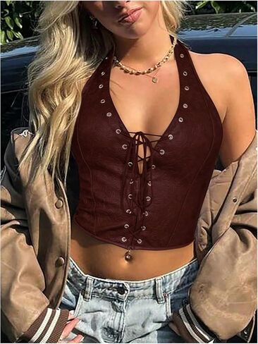 Verdusa Women's Sexy PU Leather Halter Tops Backless Lace Up Sleeveless Crop Going Out Tops Clubwear in Kuwait