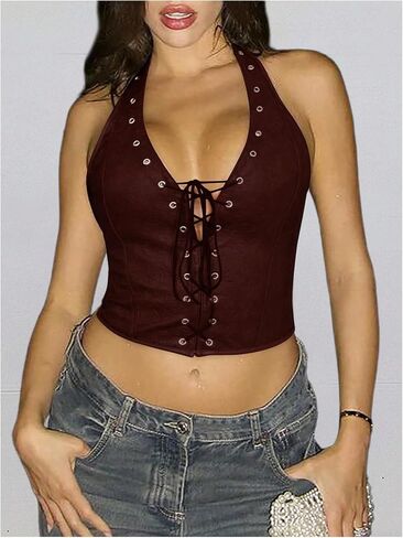Verdusa Women's Sexy PU Leather Halter Tops Backless Lace Up Sleeveless Crop Going Out Tops Clubwear in Kuwait
