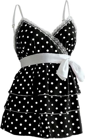 Verdusa Women's Polka Dots Lace V Neck Camisole Tops Sleeveless Layered Ruffle Peplum Shirts in Saudi Arabia