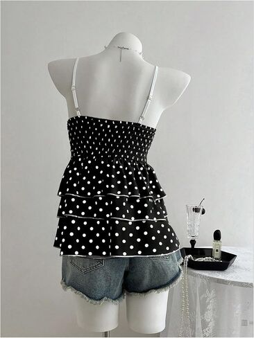 Verdusa Women's Polka Dots Lace V Neck Camisole Tops Sleeveless Layered Ruffle Peplum Shirts in Saudi Arabia