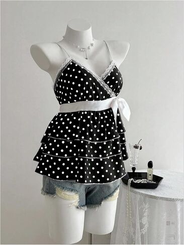 Verdusa Women's Polka Dots Lace V Neck Camisole Tops Sleeveless Layered Ruffle Peplum Shirts in Saudi Arabia