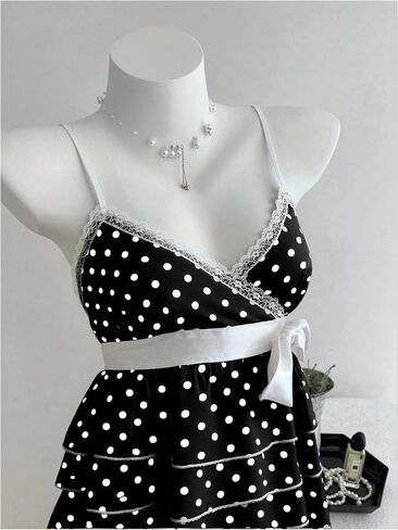 Verdusa Women's Polka Dots Lace V Neck Camisole Tops Sleeveless Layered Ruffle Peplum Shirts in Saudi Arabia