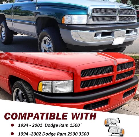 2PCS Chrome Headlight لعام 1994 1995 1996 1997 1998 1999 2000 2001 Dodge RAM 1500 المصابيح الأمامية 94-02 RAM 2500 3500 (نماذج غير رياضية) المصباح الأمامي+موقوف الإشارة للوقوف في الزاوية ضوء ، واضحة ، واضحة. in Kuwait