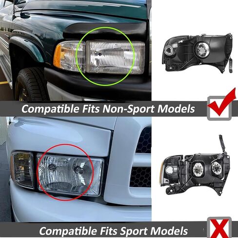 2PCS Chrome Headlight لعام 1994 1995 1996 1997 1998 1999 2000 2001 Dodge RAM 1500 المصابيح الأمامية 94-02 RAM 2500 3500 (نماذج غير رياضية) المصباح الأمامي+موقوف الإشارة للوقوف في الزاوية ضوء ، واضحة ، واضحة. in Kuwait