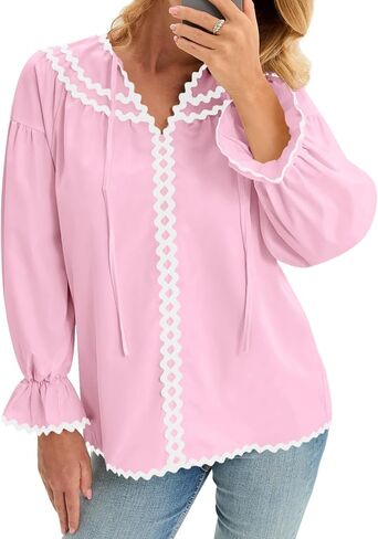 Cicy Bell Womens Ruffle Puff Sleeve Blouse V Neck Trim Shirts Trendy Casual Loose Fit Tops in Saudi Arabia