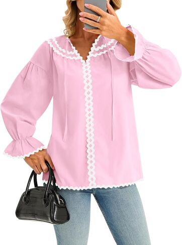 Cicy Bell Womens Ruffle Puff Sleeve Blouse V Neck Trim Shirts Trendy Casual Loose Fit Tops in Saudi Arabia