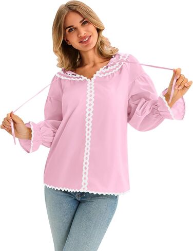 Cicy Bell Womens Ruffle Puff Sleeve Blouse V Neck Trim Shirts Trendy Casual Loose Fit Tops in Saudi Arabia