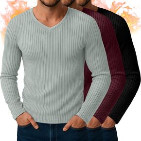 3 Pack Men's V Neck Thermal Ribbed Shirts Cotton Long Sleeve Casual Underwear Slim Fit Stretchy Base Layer Tops in Saudi Arabia