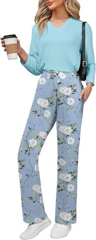 طقم تي شيرت نسائي مخطط من YUNDAI مكون من قطعتين بأكمام طويلة وسروال كابري، طقم ملابس نوم Pjs مع جيوب in Kuwait