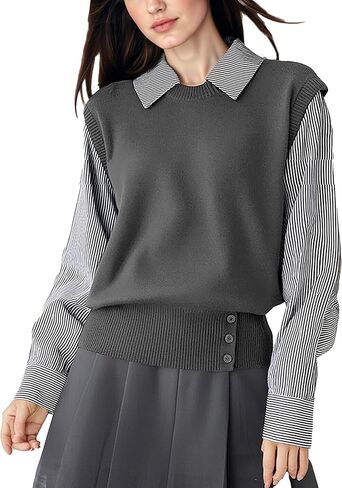 LAI MENG FIVE CATS Women's Collared Patchwork Stirpe Tops Casual Long Sleeve Pullover Blouse in Saudi Arabia