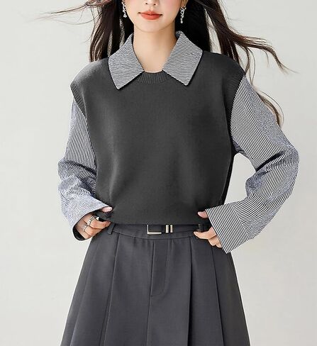 LAI MENG FIVE CATS Women's Collared Patchwork Stirpe Tops Casual Long Sleeve Pullover Blouse in Saudi Arabia