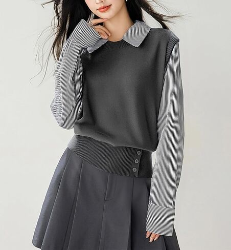 LAI MENG FIVE CATS Women's Collared Patchwork Stirpe Tops Casual Long Sleeve Pullover Blouse in Saudi Arabia