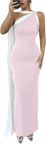 GORGLITTER Women's Color Block Bodycon Maxi Evening Dress One Shoulder Sleeveless Elegant Classy Dresses with Scarf in Saudi Arabia