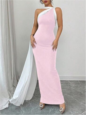 GORGLITTER Women's Color Block Bodycon Maxi Evening Dress One Shoulder Sleeveless Elegant Classy Dresses with Scarf in Saudi Arabia