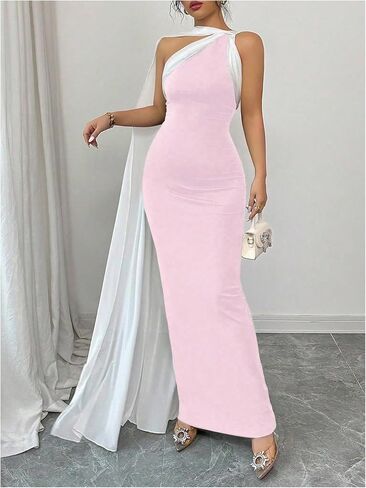 GORGLITTER Women's Color Block Bodycon Maxi Evening Dress One Shoulder Sleeveless Elegant Classy Dresses with Scarf in Saudi Arabia