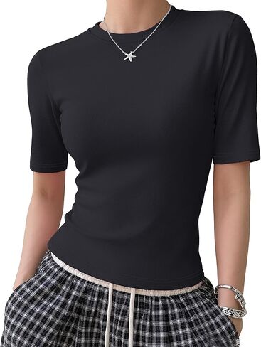 YUCOLEN Womens Tops Dressy Casual Crew Neck Short Sleeve T Shirts Elbow Length Going Out Tops 2025 in Kuwait