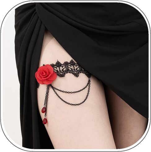 ALEXTINA Vampire Costume Black Lace Thigh Chain, Strench Leg Chain Garter, Rose Sexy Body Chain, Goth Halloween Accessories in Saudi Arabia