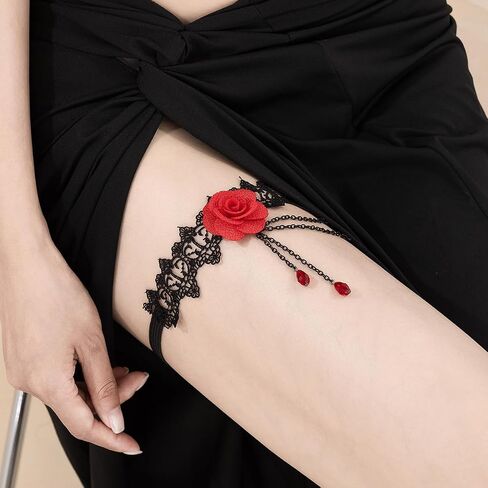 ALEXTINA Vampire Costume Black Lace Thigh Chain, Strench Leg Chain Garter, Rose Sexy Body Chain, Goth Halloween Accessories in Saudi Arabia