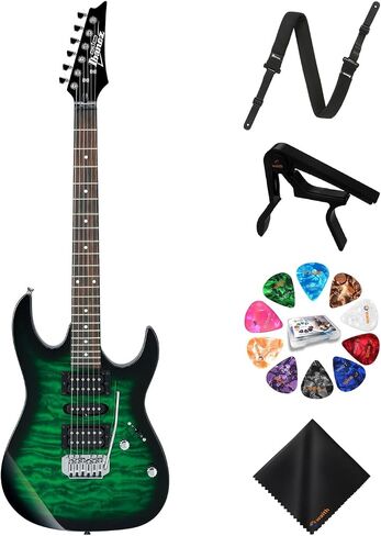 Ibanez 6-String Solid-Body Electric Guitar (Transparent Green Burst) - Right Handed Bass with GSF50 Powerpad Strap, String Capo, 15 Pack Guitar Picks with Storage Box & Cleaning Cloth (Bundle Set) in Saudi Arabia