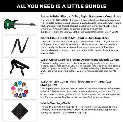 Ibanez 6-String Solid-Body Electric Guitar (Transparent Green Burst) - Right Handed Bass with GSF50 Powerpad Strap, String Capo, 15 Pack Guitar Picks with Storage Box & Cleaning Cloth (Bundle Set) in Saudi Arabia