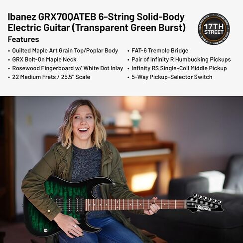 Ibanez 6-String Solid-Body Electric Guitar (Transparent Green Burst) - Right Handed Bass with GSF50 Powerpad Strap, String Capo, 15 Pack Guitar Picks with Storage Box & Cleaning Cloth (Bundle Set) in Saudi Arabia