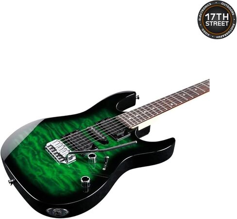 Ibanez 6-String Solid-Body Electric Guitar (Transparent Green Burst) - Right Handed Bass with GSF50 Powerpad Strap, String Capo, 15 Pack Guitar Picks with Storage Box & Cleaning Cloth (Bundle Set) in Saudi Arabia