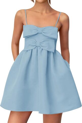 Yousify Womens Cute Mini Bow Dresses 2025 Summer Spaghetti Strap Elegant Babydoll A Line Short Cocktail Party ، S-XXL in Saudi Arabia