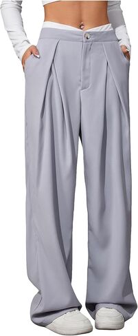 MakeMeChic Women's Wide Leg Dress Pant High Waist Palazzo Asymmetrical Business Work Trousers Pants in Kuwait