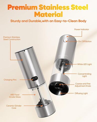 Electric Salt and Pepper Grinder Set,Automatic Salt and Pepper Shakers set Rechargeable Stainless Steel Spice Grinder for Kitchen in Saudi Arabia