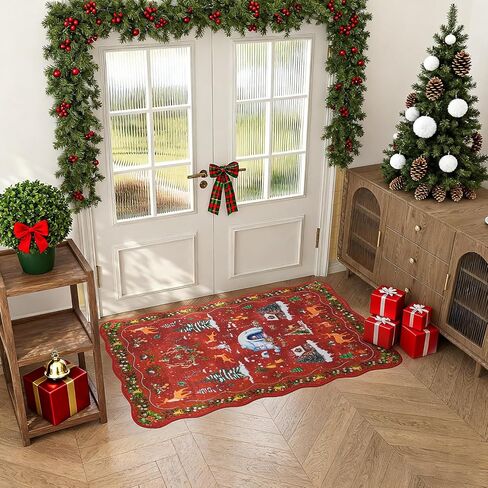Christmas Runner Rug Scalloped Runners for Hallways, Red Kitchen Rugs Non-Slip Washable Entryway Bathroom Rugs, Holiday Tree Snow Winter Xmas Floor Carpet for Hall Bedroom in Saudi Arabia