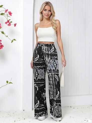 Summer Flowy Palazzo Pants for Women,Floral Casual Boho Wide Leg Pants,Beach Vacation Outfits for Women in Saudi Arabia