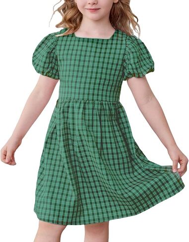 Little Bitty Toddler Girls Plaid Dress Checkered Puffy Short Sleeve Gingham Spring Summer Party Holidays Dresses Size 2T-6T in Kuwait