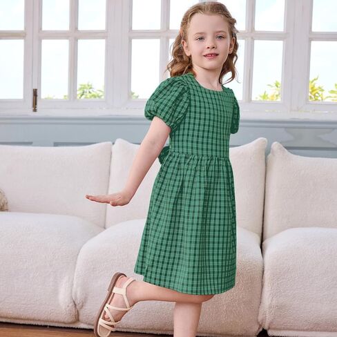 Little Bitty Toddler Girls Plaid Dress Checkered Puffy Short Sleeve Gingham Spring Summer Party Holidays Dresses Size 2T-6T in Kuwait
