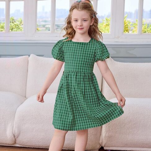 Little Bitty Toddler Girls Plaid Dress Checkered Puffy Short Sleeve Gingham Spring Summer Party Holidays Dresses Size 2T-6T in Kuwait