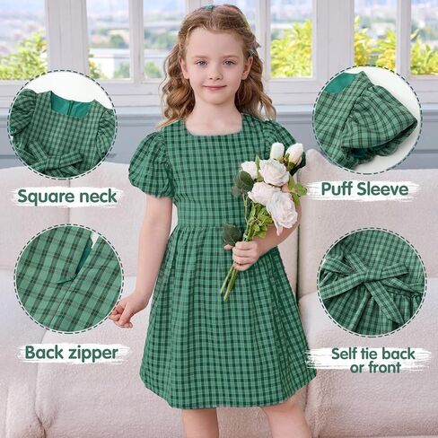 Little Bitty Toddler Girls Plaid Dress Checkered Puffy Short Sleeve Gingham Spring Summer Party Holidays Dresses Size 2T-6T in Kuwait