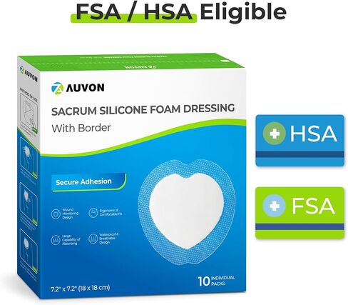 AUVON Sacral Silicone Foam Dressing with Clear Border for Easy Wound Monitoring, Waterproof & Breathable Foam Wound Dressing 7"x7", Absorbent Bed Sore Bandages, Box of 5 Sacral Pads, FSA/HSA Eligible in Saudi Arabia