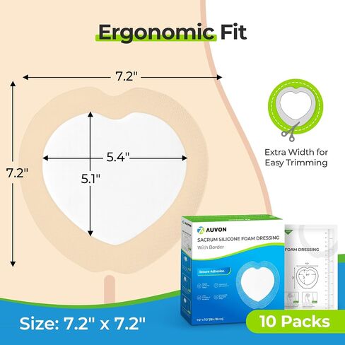 AUVON Sacral Silicone Foam Dressing with Clear Border for Easy Wound Monitoring, Waterproof & Breathable Foam Wound Dressing 7"x7", Absorbent Bed Sore Bandages, Box of 5 Sacral Pads, FSA/HSA Eligible in Saudi Arabia