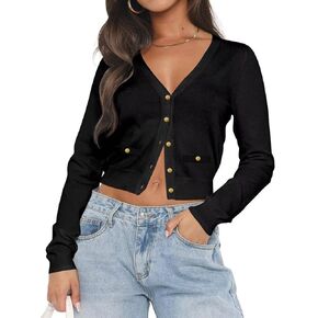 LEEDYA Women's Long Sleeve Cardigan Open Front Knit Cropped Sweaters Fall Color Block Button Down V Neck Lightweight Tops in Kuwait