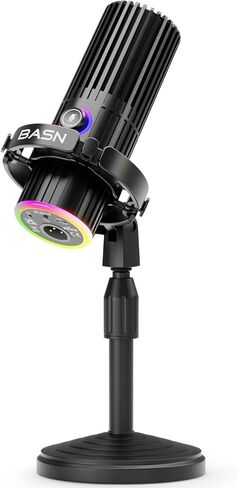 ميكروفون BASN USB/XLR ديناميكي للبودكاست والبث المباشر وتسجيل الألعاب مع زر كتم RGB ومراقبة سماعة الرأس وحامل الميكروفون (SL2000) أسود in Kuwait
