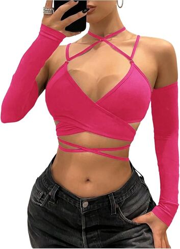SHENHE Women's Criss Cross Strappy Wrap Crop Top Long Sleeve Halter Sexy Going Out Tshirt in Saudi Arabia