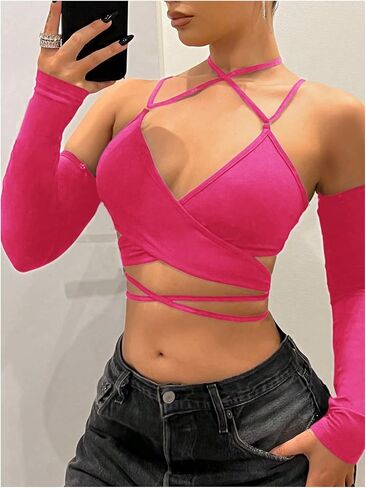 SHENHE Women's Criss Cross Strappy Wrap Crop Top Long Sleeve Halter Sexy Going Out Tshirt in Saudi Arabia