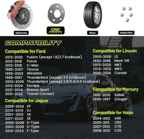 7mm Hubcentric Wheel Spacers 5x108 متوافقة مع Ford Fusion Jaguar F-Type XF XJ XJR XK XKR XE S-Type X-type متوافق مع Lincoln LS Continental Mark VIII MKZ MKC (2PCS 63.4MM M12X1.5) in Saudi Arabia