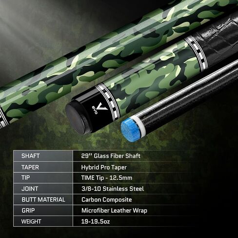 EVO CAMO Pool Cue Stick, Low Deflection Professional Pool Stick 12.5mm Tip, Billiard Cue Sticks for Adults with 3/8-10 Joint, Carbon Composite Butt, Microfiber Leather Grip in Saudi Arabia
